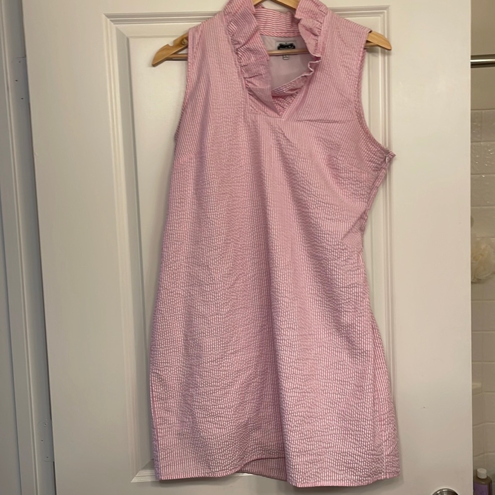 Mud Pie seersucker striped ruffled neck dress